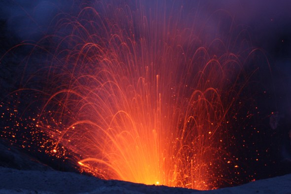 Mount Yasur erupts at dusk