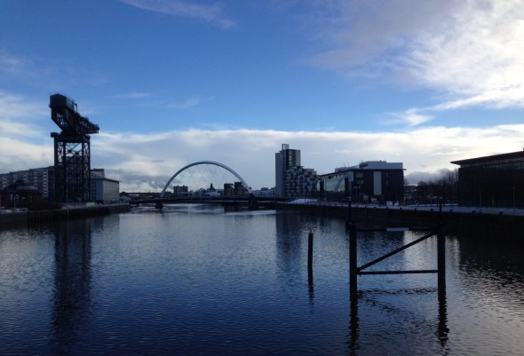 Dock crane and Clyde Arc, known locally as the Squinty Bridge