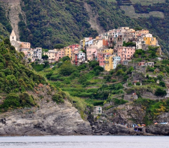 Cliff top Corniglia as seen from the boat